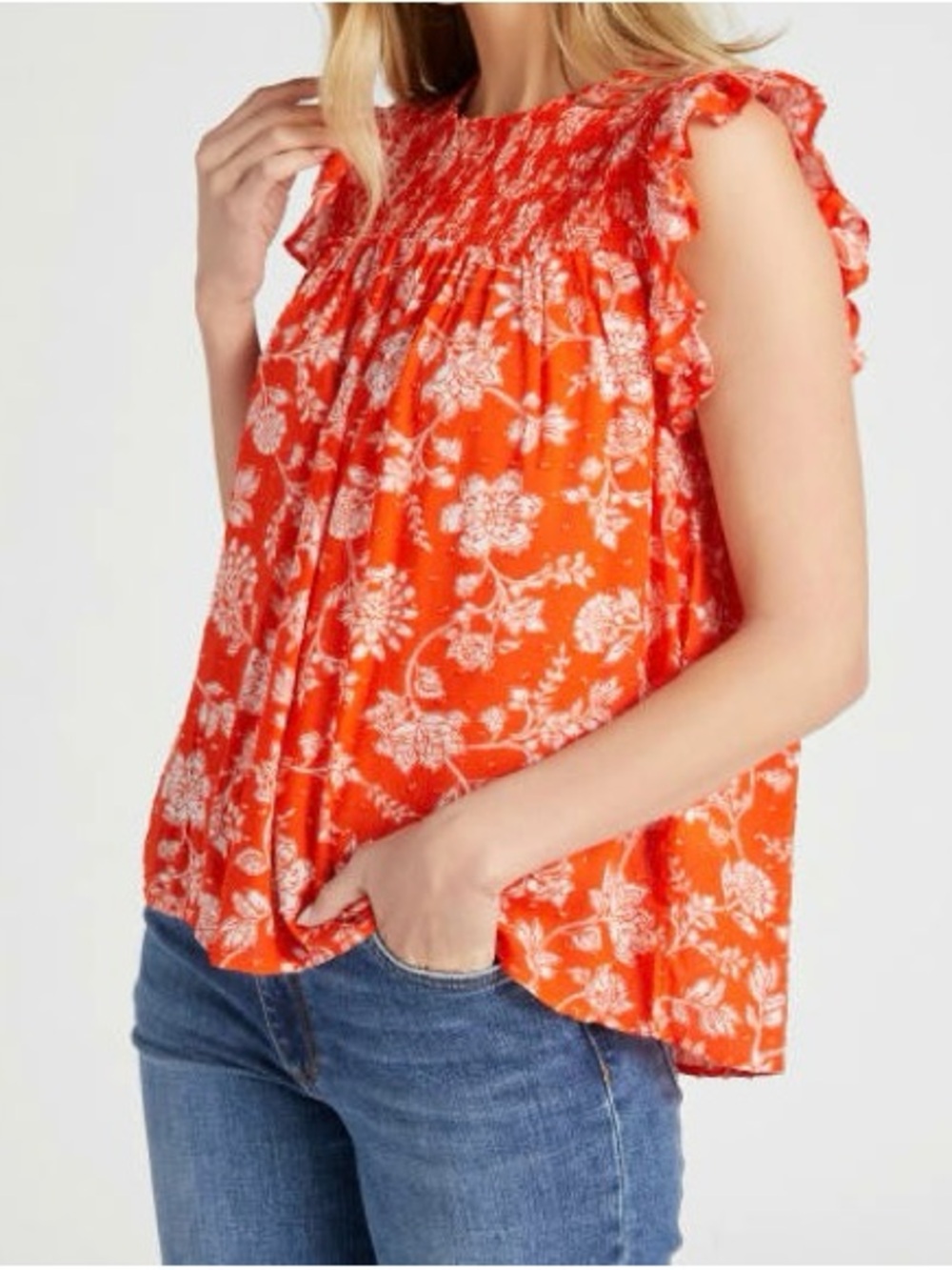Short Flutter Sleeve Floral Woven Top in Orange Cream Vine Floral
